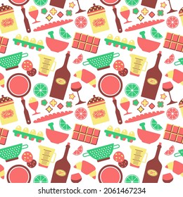 Seamless texture of food icons, bakery, kitchen equipment, utensil. Flat cartoon vector llustration about food and cooking.