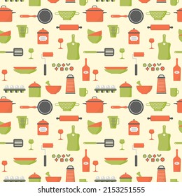 Seamless texture of food icons, kitchen equipment, utensil. Flat cartoon vector llustration about food and cooking