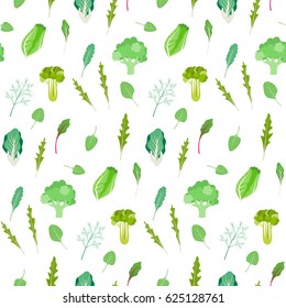 Seamless texture with food, isolated on white background. Salad greens and leafy vegetables pattern. Vegetarian fresh green.