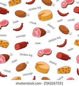 seamless texture with food, meat, cheese, sausages
