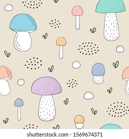 Seamless texture with forest mushrooms and hand drawn elements. Childish background - pets. Eps10 vector line-art drawing.
