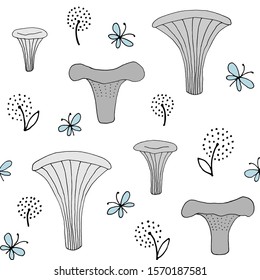 Seamless texture with forest mushrooms and hand drawn elements. Childish background - pets. Eps10 vector line-art drawing.