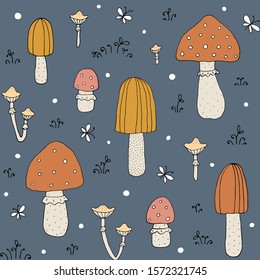 Seamless texture with forest mushrooms and hand drawn elements. Childish background. Eps10 vector line-art drawing.