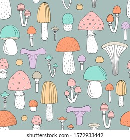 Seamless texture with forest mushrooms and hand drawn elements. Childish background - pets. Eps10 vector line-art drawing.