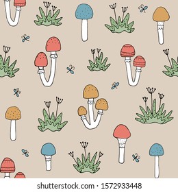 Seamless texture with forest mushrooms and hand drawn elements. Childish background - pets. Eps10 vector line-art drawing.