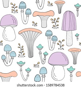 Seamless texture with forest mushrooms and hand drawn elements. Childish background - pets. Eps10 vector line-art drawing.