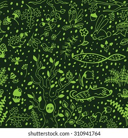 Seamless texture of a forest. Vector background with a tree, a Fox, a wolf, herbs, berries, fungi, insect, hedgehog, birds, leaves in childish style.