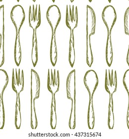 Seamless texture with Fork, Knife, Spoon in sketch style. Hand drawing cutlery pattern. Vector illustration