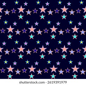 Seamless texture in the form of an abstract pattern of multi-colored stars on a blue background
