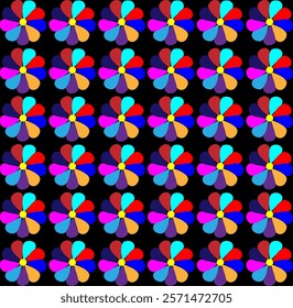 
Seamless texture in the form of a floral pattern of flowers with multi-colored petals on a black background