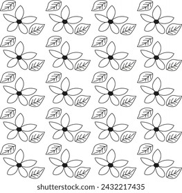 Textura sin costuras en forma de flores y hojas dibujadas en estilo doodle con un lápiz negro sobre un fondo blanco