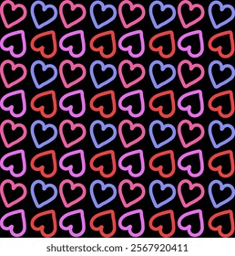 Seamless texture in the form of a pattern of multi-colored hearts on a black background