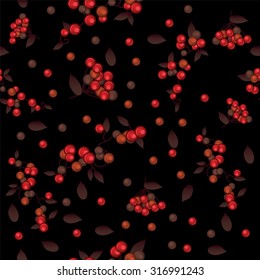 Seamless texture in the form of red berries on a black background. Vector.