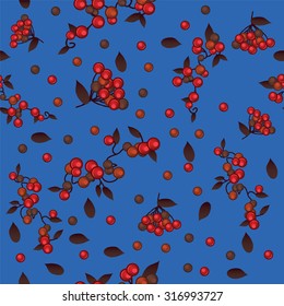 Seamless texture in the form of red berries on a blue background. Vector.