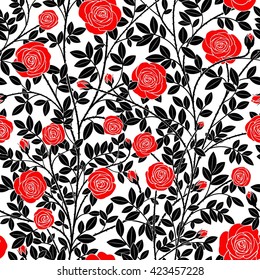 Seamless texture in the form of red roses with black stems