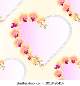 Seamless texture frame Heart shaped orchid Phalaenopsis yellow  flowers tropical plants  vintage vector illustration for design editable hand draw 
