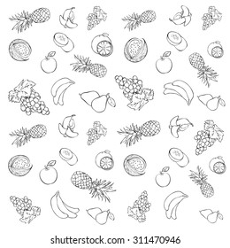 Seamless texture with fruits and berries. Vector black-white background