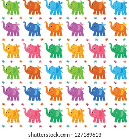 Seamless texture of the fun colored elephant with wings and butterflies on a white background