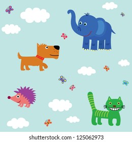 Seamless texture with funny animals, clouds and butterflies on a blue background