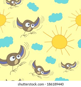 Seamless texture with funny birds flying around the sun. Vector  illustration