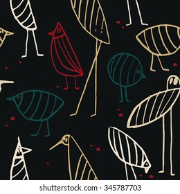 Seamless texture with funny birds in sketch style. Vector illustration.