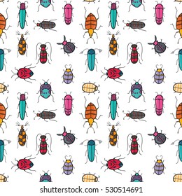 Seamless texture with funny bugs, painted by hand of different patterns, bright colors/ Vector doodle illustration