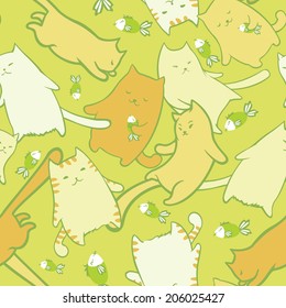 Seamless texture with funny cartoon cats and fishes. 