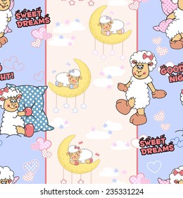 Seamless texture with funny cartoon lambs in blue and pink tones with polka dot hearts, white clouds, inscriptions "good night" and "sweet dreams". Can be used as pattern for bedclothes. 