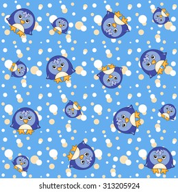 Seamless texture with funny cartoon penguin. Vector halloween background