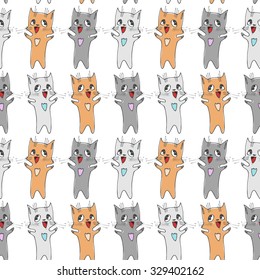 Seamless texture with funny cats. White, gray and red cats.