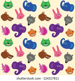 Seamless texture with funny colored face at animals on a light background. Cartoon illustration