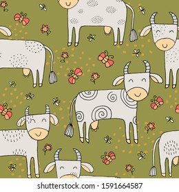 Seamless texture with funny cows and hand drawn elements. Childish background - animals on the farm. Eps10 vector line-art drawing.