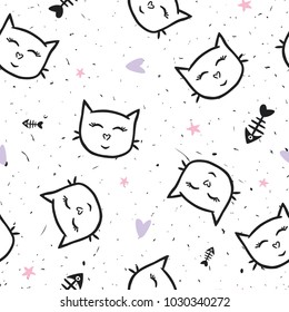 Seamless texture with funny, cute cats. Festive background for printing on paper, fabric. Baby vector illustration for cover design, wallpaper, wrapping paper, greeting card.