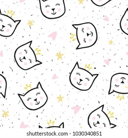 Seamless texture with funny, cute cats. Festive background for printing on paper, fabric. Baby vector illustration for cover design, wallpaper, wrapping paper, greeting card.