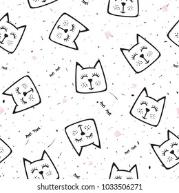 Seamless texture with funny, cute cats. Festive background for printing on paper, fabric. Baby vector illustration for cover design, wallpaper, wrapping paper, greeting card.