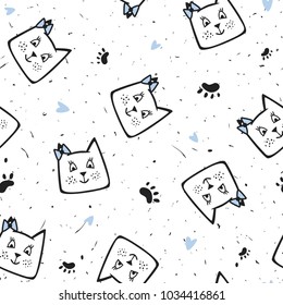 Seamless texture with funny, cute cats. Festive background for printing on paper, fabric. Baby vector illustration for cover design, wallpaper, wrapping paper, greeting card.