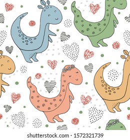 Seamless texture with funny dinosaurs and hand drawn elements. Childish background - ancient animals. Eps10 vector line-art drawing.