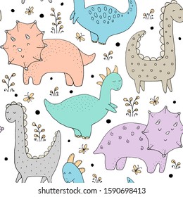 Seamless texture with funny dinosaurs and hand drawn elements. Childish background - ancient animals. Eps10 vector line-art drawing. 