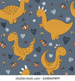 Seamless texture with funny dinosaurs and hand drawn elements, childish background. Drawing with line-art - ancient animals. Texture for textiles, packaging, wallpaper, clothing. Vector illustration.