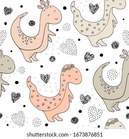 Seamless texture with funny dinosaurs and hand drawn elements. Childish background - ancient animals. Eps10 vector line-art drawing.