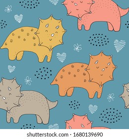 Seamless texture with funny dinosaurs and hand drawn elements. Childish background - ancient animals. Eps10 vector line-art drawing.