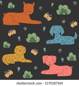 Seamless texture with funny dogs and hand drawn elements. Childish background - pets. Eps10 vector line-art drawing.