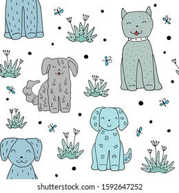 Seamless texture with funny dogs and hand drawn elements. Childish background - pets. Eps10 vector line-art drawing.