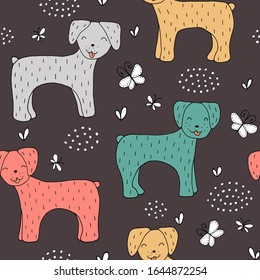 Seamless texture with with funny dogs and hand drawn elements. Background, drawing with line-art. Texture for textiles, packaging, wallpaper, clothing. Cartoon vector illustration.