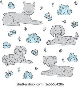 Seamless texture with funny dogs and hand drawn elements. Childish background - pets. Eps10 vector line-art drawing.