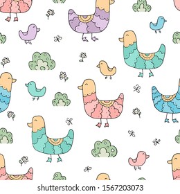 Seamless texture with funny ducks and hand drawn elements. Childish background - animals on the farm. Eps10 vector line-art drawing.