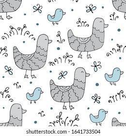 Seamless texture with funny ducks and hand drawn elements. Childish background - animals on the farm. Eps10 vector line-art drawing.