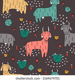 Seamless texture with funny goats and hand drawn elements. Childish background - animals on the farm. Eps10 vector line-art drawing.