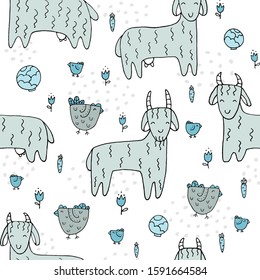 Seamless texture with funny goats and hand drawn elements. Childish background - animals on the farm. Eps10 vector line-art drawing.