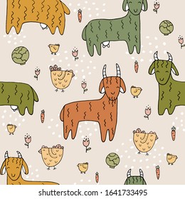 Seamless texture with funny goats and hand drawn elements. Childish background - animals on the farm. Eps10 vector line-art drawing.